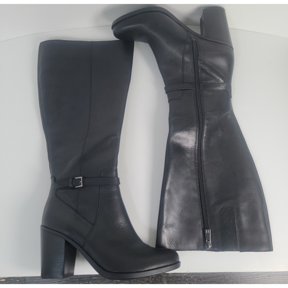 Naturalizer Knee High Kalina Boots Womens 7M Black Leather Side Zip Block Heel - Picture 1 of 14
